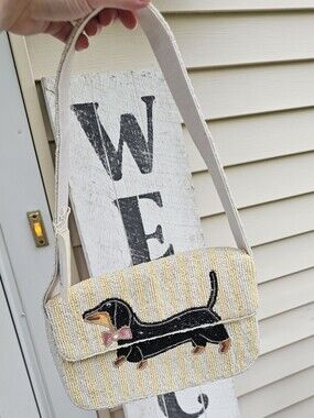 Beaded Dachshund Crossbody Bag - Cream and Black